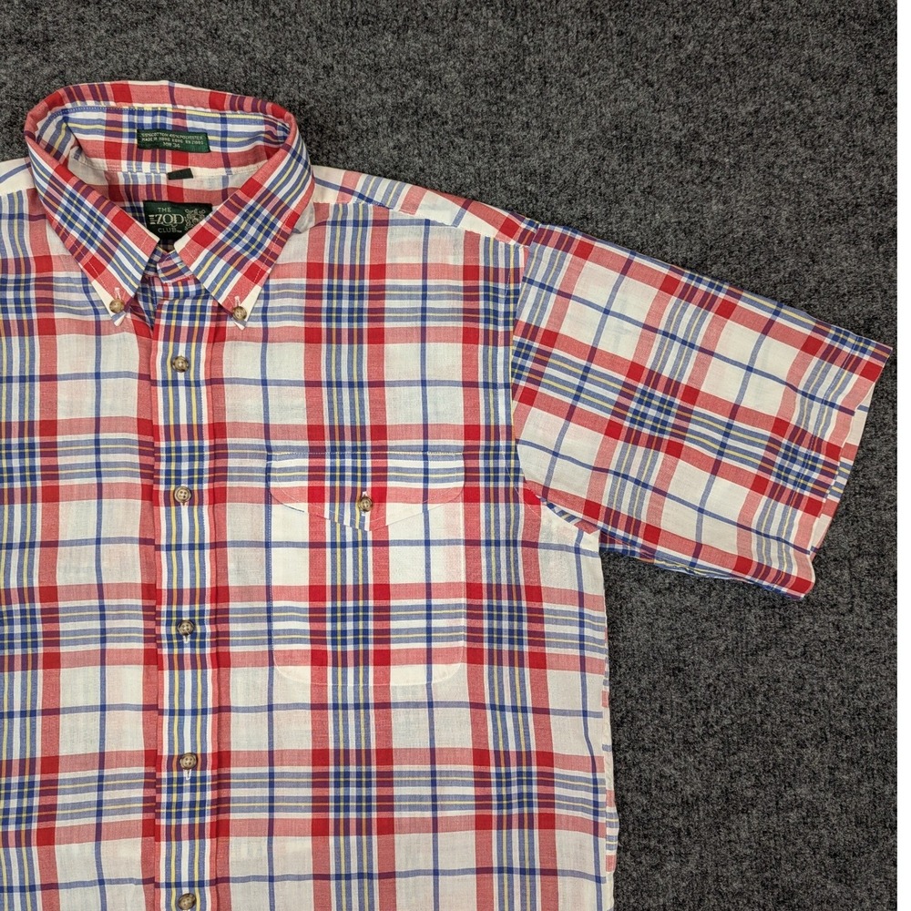 Izod Club Mens Large Plaid Button Down Cotton Shirt Red Blue White Short Sleeve